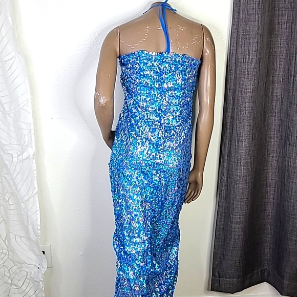 Formal Dress Size Large Turquoise Blue Sequined Mermaid Halter Top Fishtail EUC - Picture 5 of 6